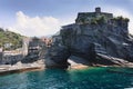 Vernazza, Italy, La Specia Province, Liguria Regione, 08 august, 2018: view of the sea on the rock and the castle of Doria. ÃÂ¡